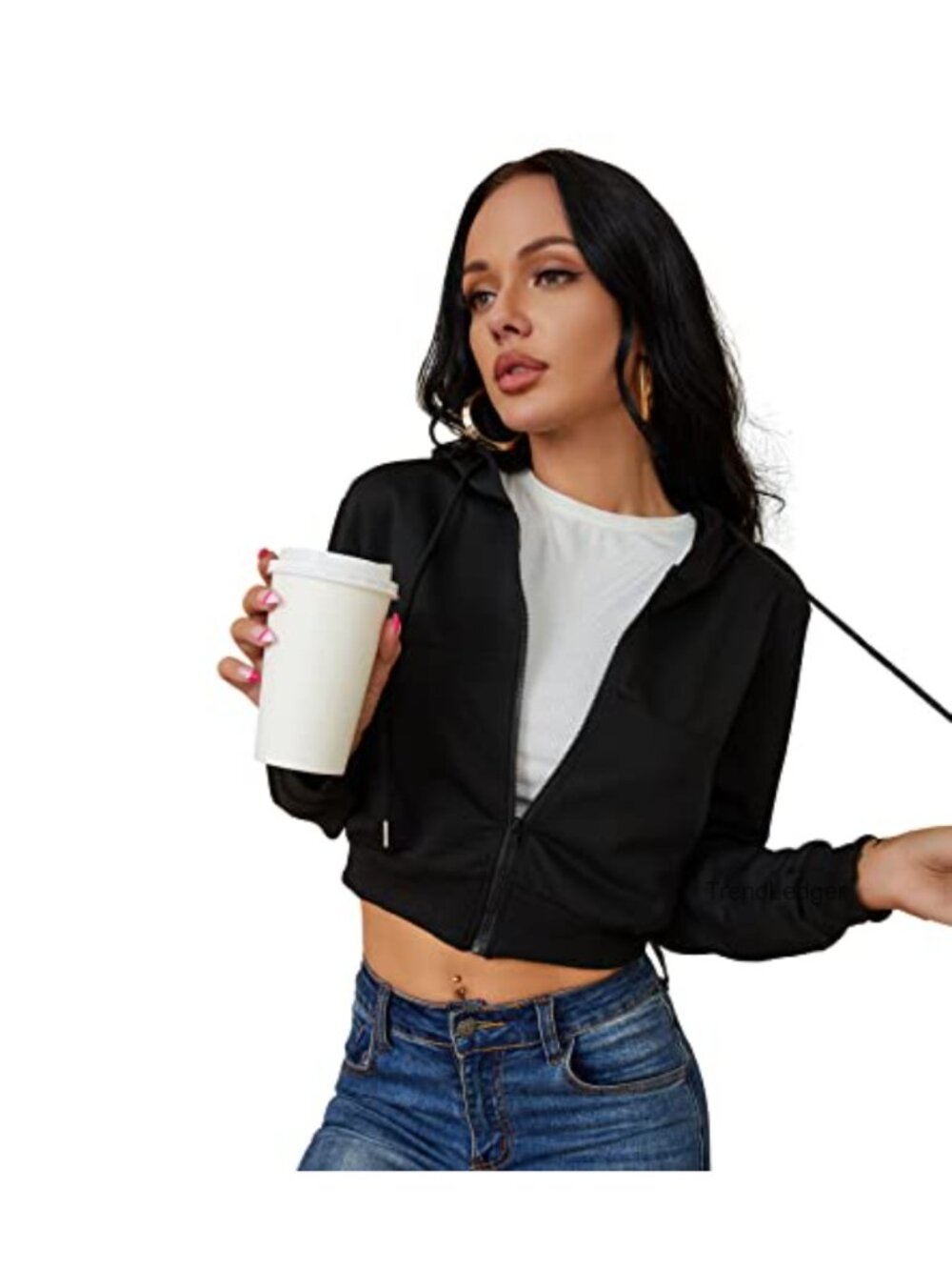 Cropped Zip Up Hoodie Cotton Polyester Drawstring Slim Fit Casual